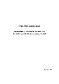 Inter-Rock Minerals Q2 2025 MD&A